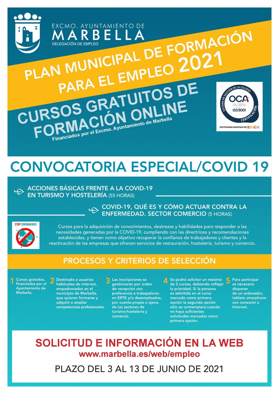 El Ayuntamiento convoca dos cursos gratuitos online para formar a 200 desempleados de la ciudad en materia Covid-19 dentro de los sectores del Turismo y Hostelería y del Comercio