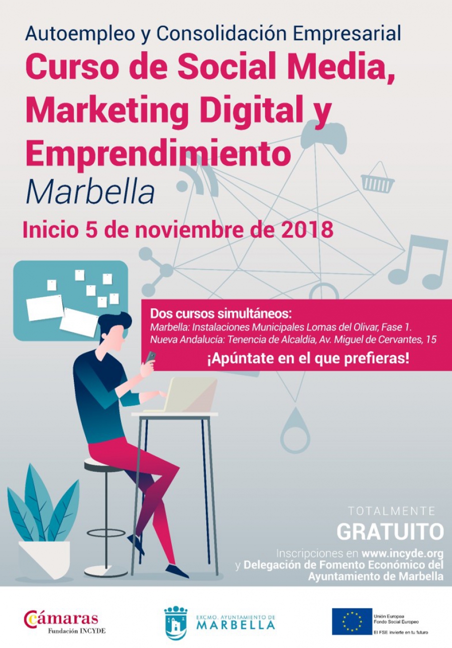 Marbella y Nueva Andalucía acogerán de forma simultánea el curso ‘Social media, marketing digital y emprendimiento’, que empezará el 5 de noviembre y está destinado a 25 alumnos