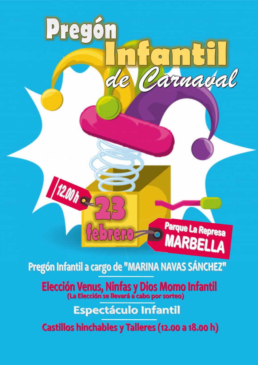 El programa infantil de Carnaval 2019 arrancará este sábado día 23 de febrero con el pregón a cargo de Marina Navas Sánchez en el Parque de La Represa