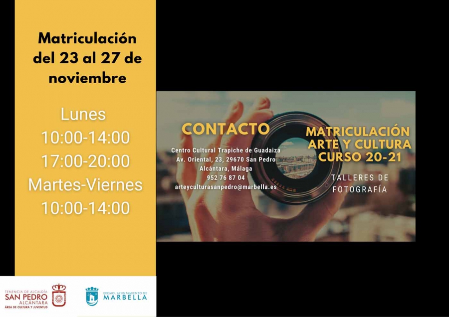 Arte y Cultura ofrecerá en San Pedro Alcántara un Curso de Fotografía Digital cuyo plazo de inscripción se abrirá el lunes 23 de noviembre