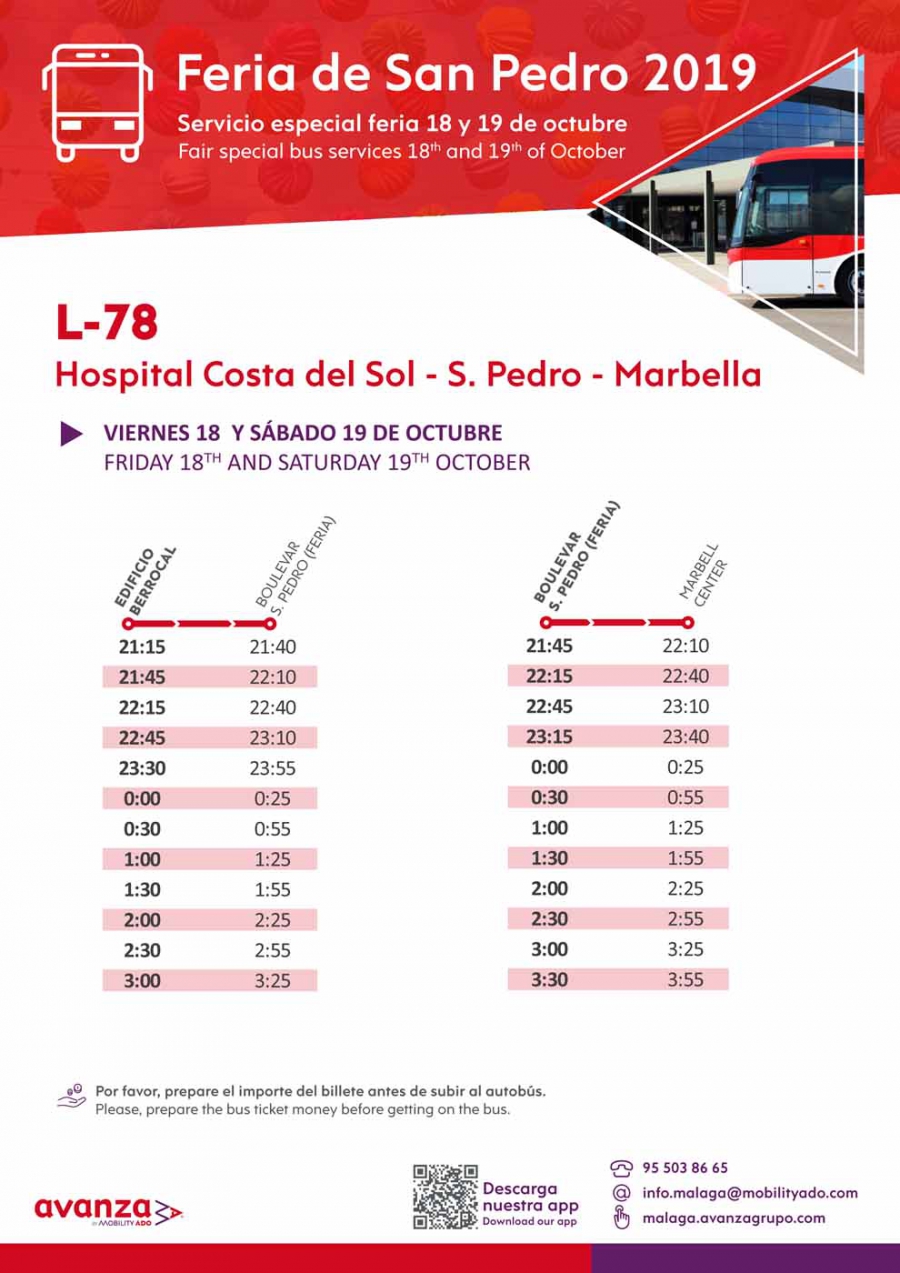 El Ayuntamiento pone en marcha un servicio especial de refuerzo de la línea 78 de autobús para trasladar a los usuarios desde la parada ‘Marbella-Centro’ a la Feria de San Pedro Alcántara
