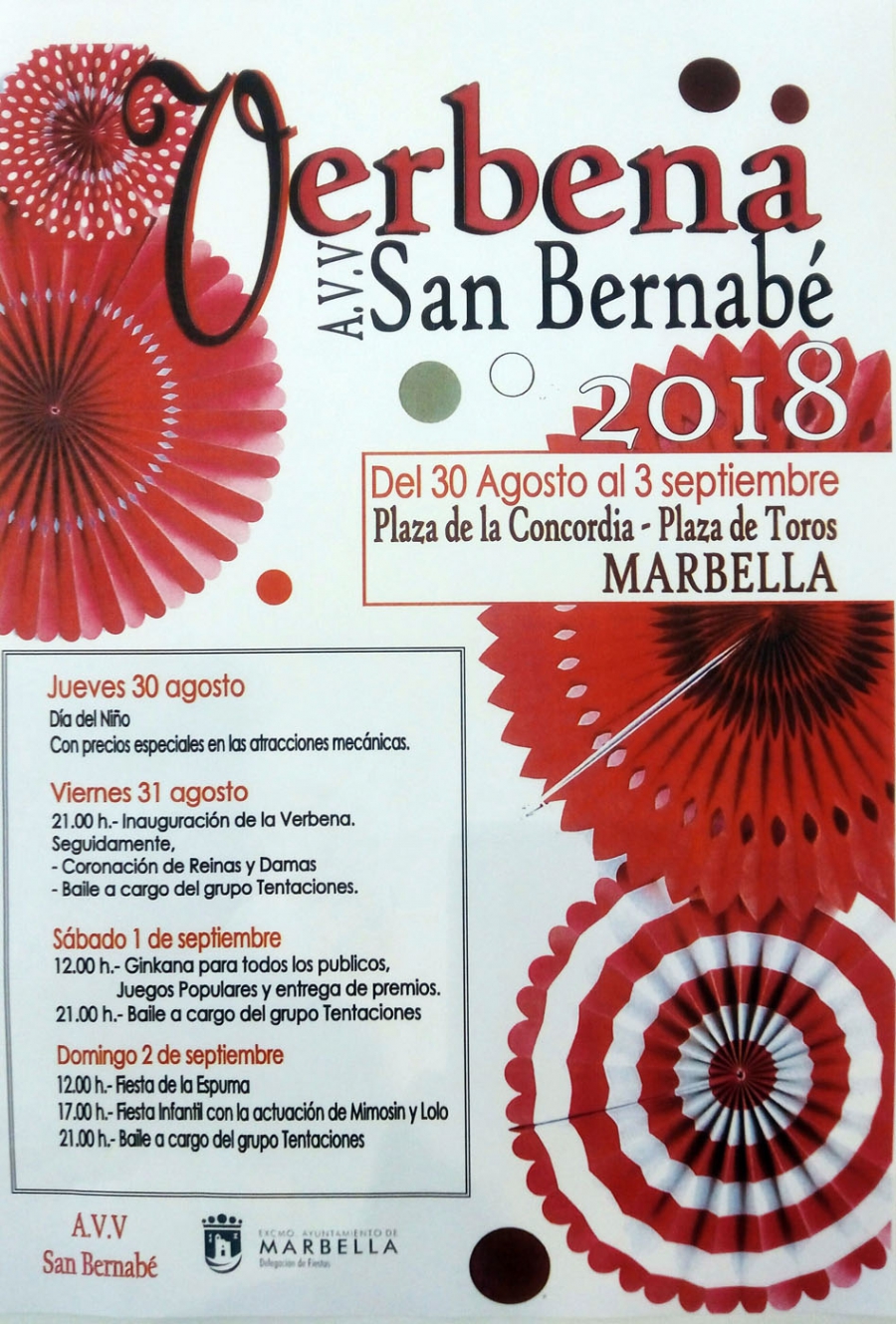 La Verbena de la Asociación de Vecinos San Bernabé 2018 se celebrará del 30 de agosto al 3 de septiembre en la Plaza de la Concordia