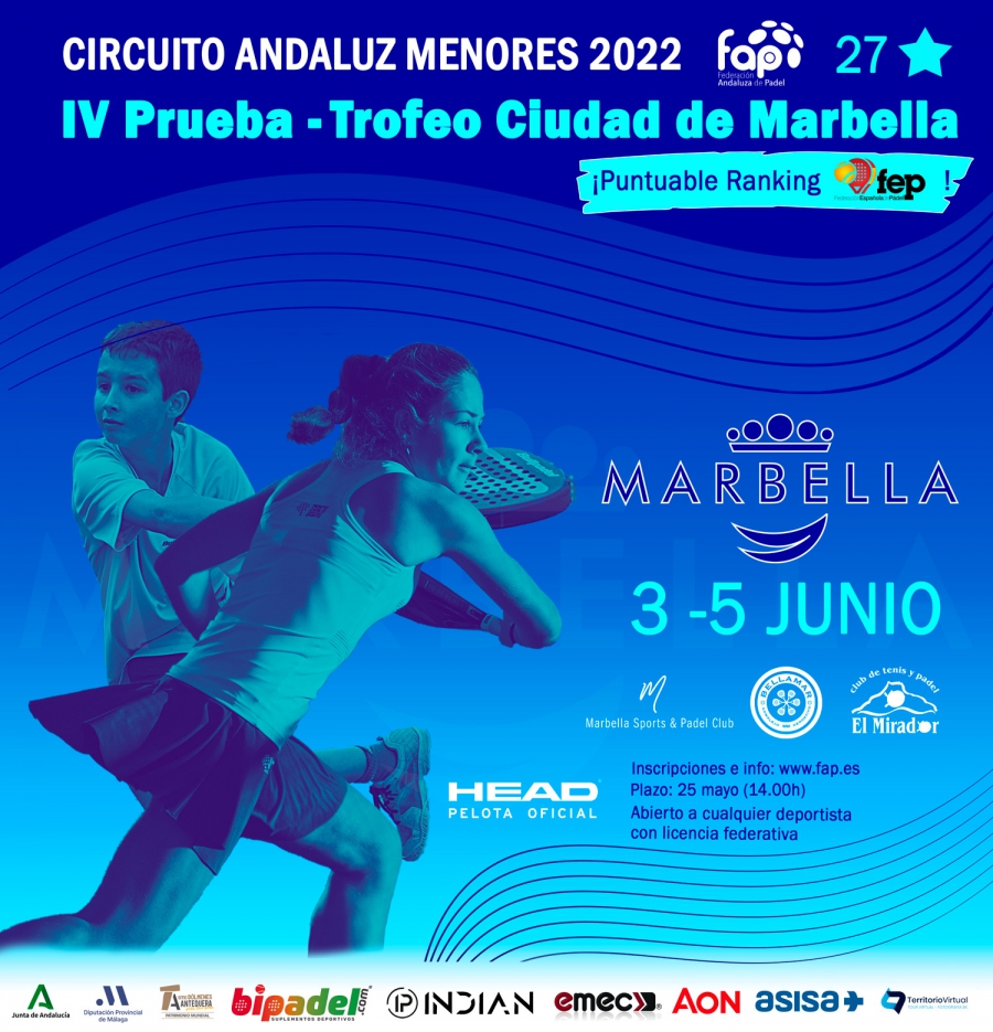 El Ayuntamiento respalda el Trofeo Ciudad de Marbella de pádel, que convocará este fin de semana a más de 330 deportistas de la cantera andaluza
