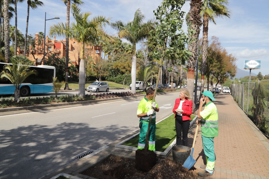 El Ayuntamiento concluye el ajardinamiento y la renovación de la red de riego de la avenida Príncipe Salman de Nueva Andalucía, que reducirá el consumo de agua en torno a un 50%