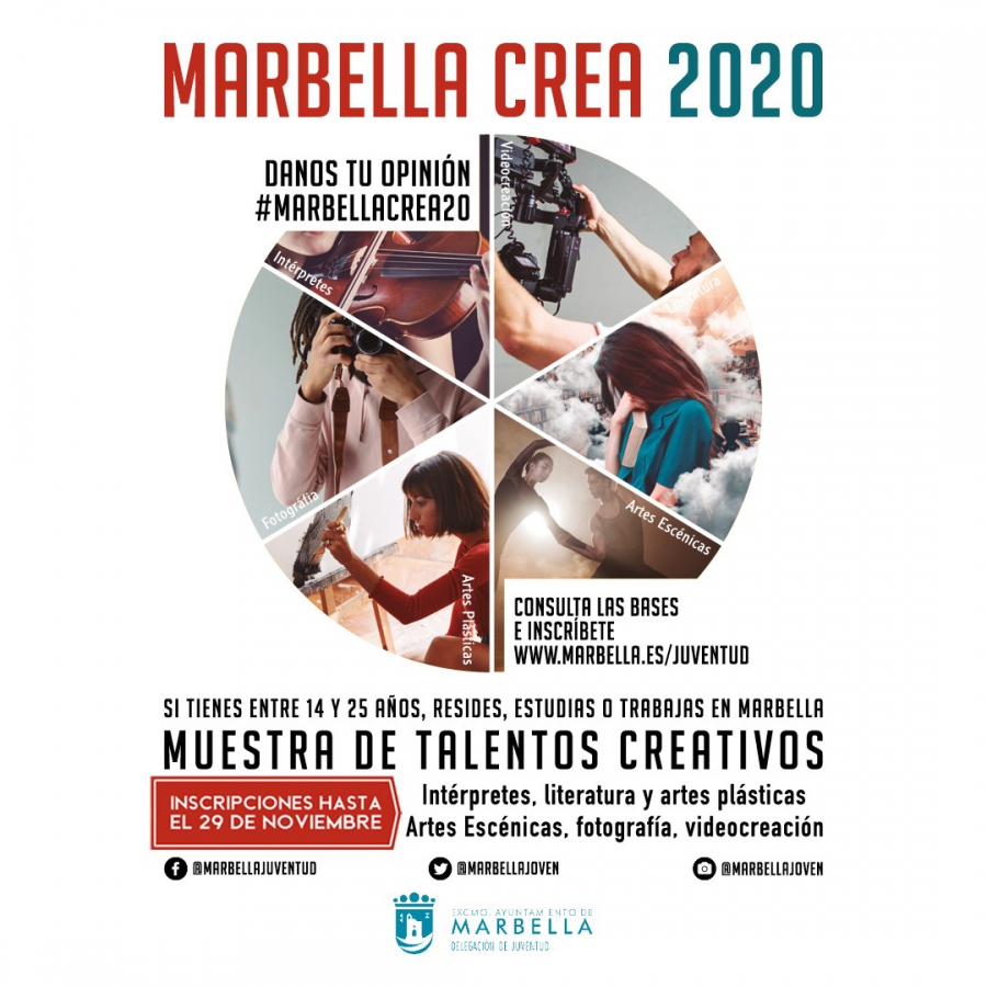 Este domingo finaliza el plazo para presentar los trabajos a los seis certámenes del programa Marbella Crea 2020 de la concejalía de Juventud