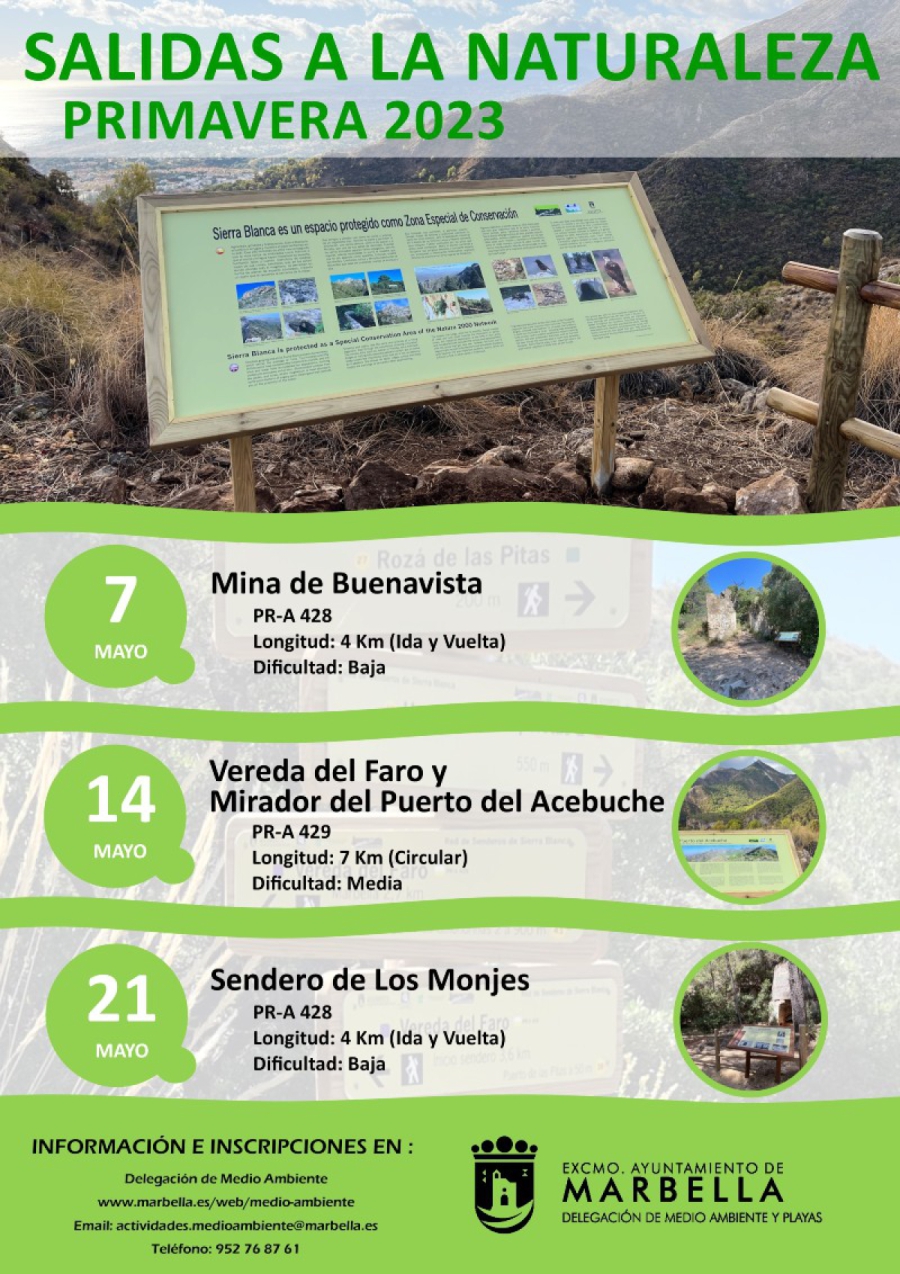 El programa de primavera de ‘Salidas a la Naturaleza’ oferta tres rutas entre el 7 y el 21 de mayo por la Mina de Buenavista, Vereda del Faro y Mirador del Acebuche y Sendero de los Monjes