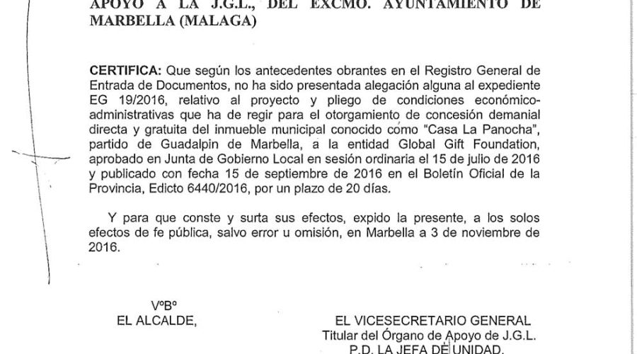 El expediente de la Casa Global Gift estuvo en exposición pública durante 20 días desde el 15 de septiembre de 2016
