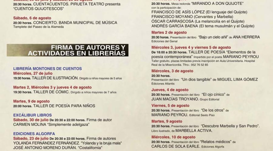 La Feria del Libro de Marbella contará con cerca de 40 actividades programadas entre el 22 de julio y el 21 de agosto