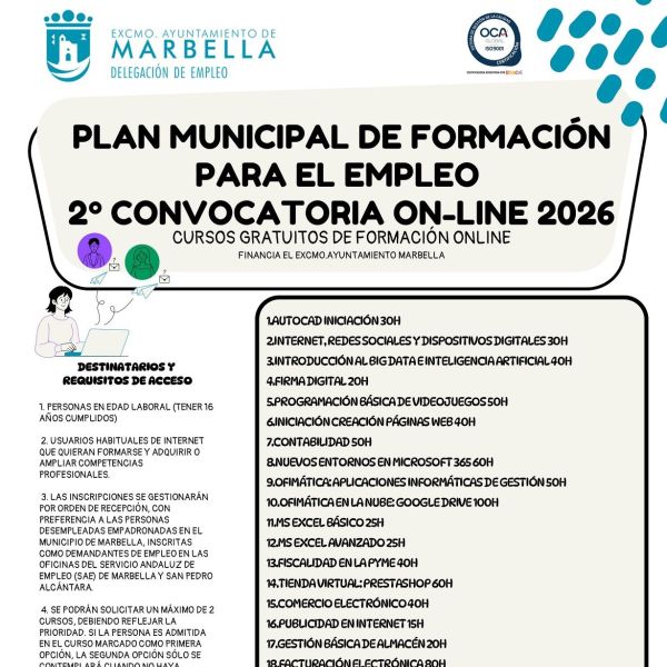 El Ayuntamiento abre el plazo de inscripción para la segunda convocatoria de cursos online gratuitos del Plan Municipal de Formación para el Empleo