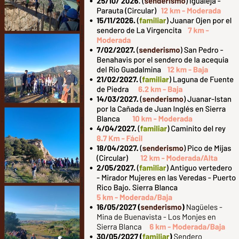 El Ayuntamiento informa de modificaciones en el programa de ‘Salidas a la Naturaleza’, que se celebrará entre el 25 de octubre y el 30 de mayo