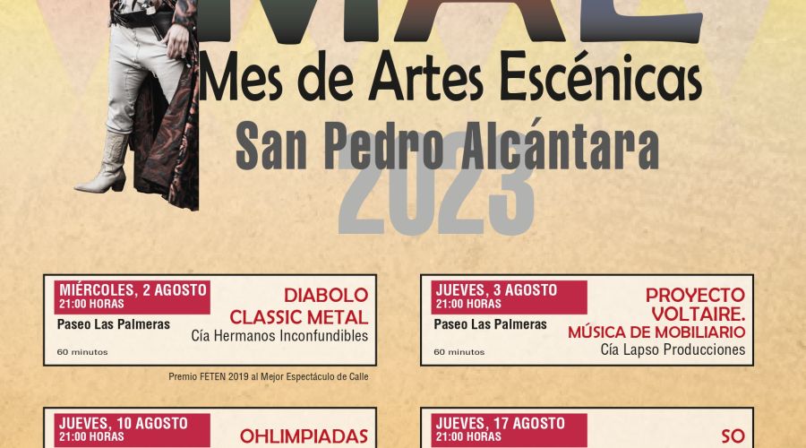 Cinco obras de danza, circo, teatro y música componen el programa de la cuarta edición del Mes de Artes Escénicas de San Pedro Alcántara
